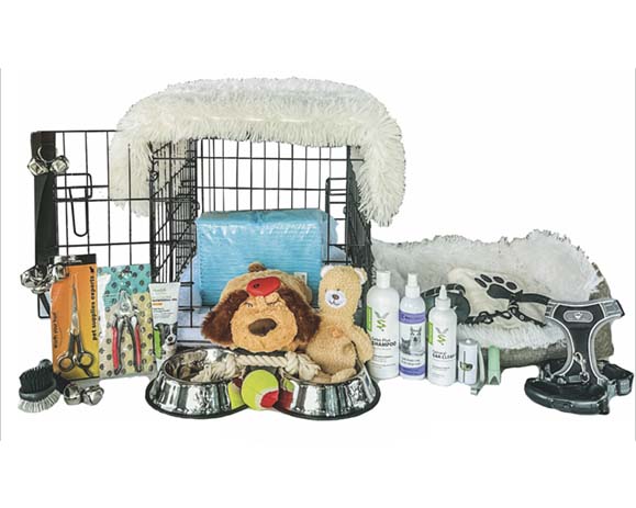 Dog collar essentials, Durable lead for walks, Convenient retractable leash, Comfort-fit harness, Cozy collar sleeping bed, Puppy crate setup, Crate bed comfort, Dual dog bowls, Chew-friendly rope toy, Soothing heartbeat teddy, Snuggly comfort blanket, Cuddly stuffed animal toy, Fetch-ready ball, Refreshing bath mist,Absorbent bath towel, Gentle ear care for pets